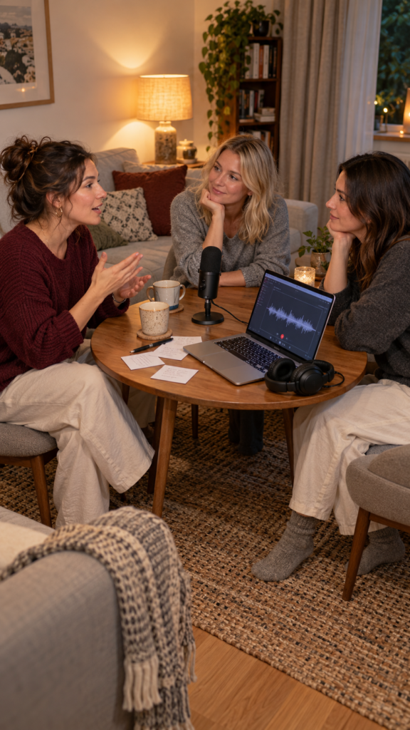 Three-friends-record-a-cozy-home-podcast