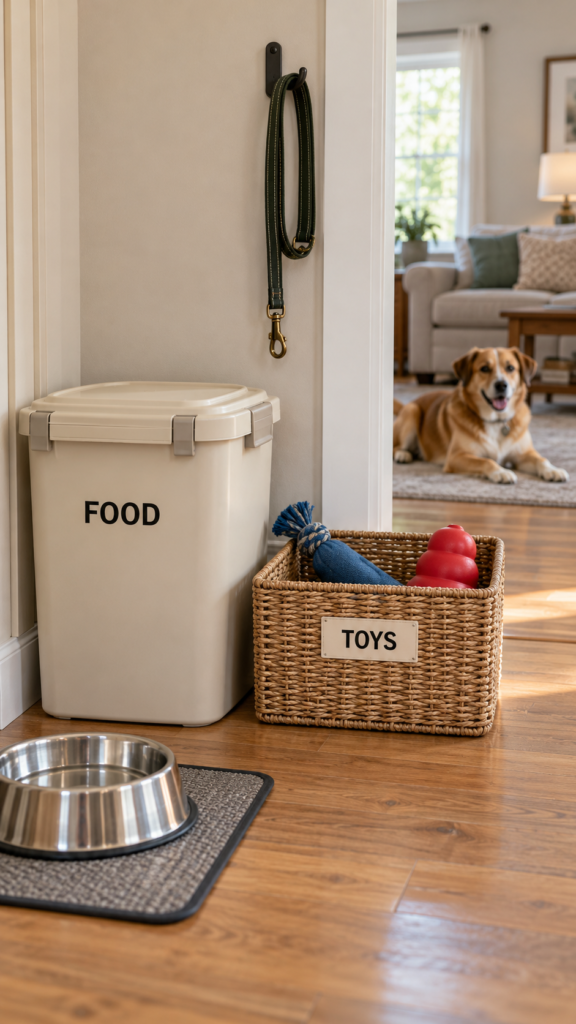 Tidy-dog-supply-corner-with-labeled-essential