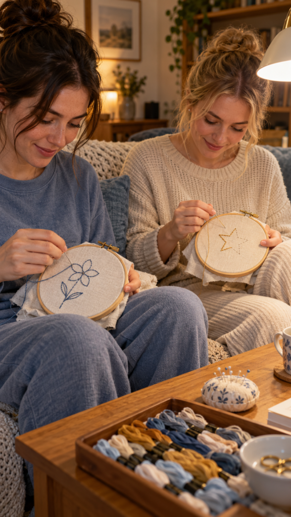 Two-Friends-Learning-Embroidery-by-Lamplight